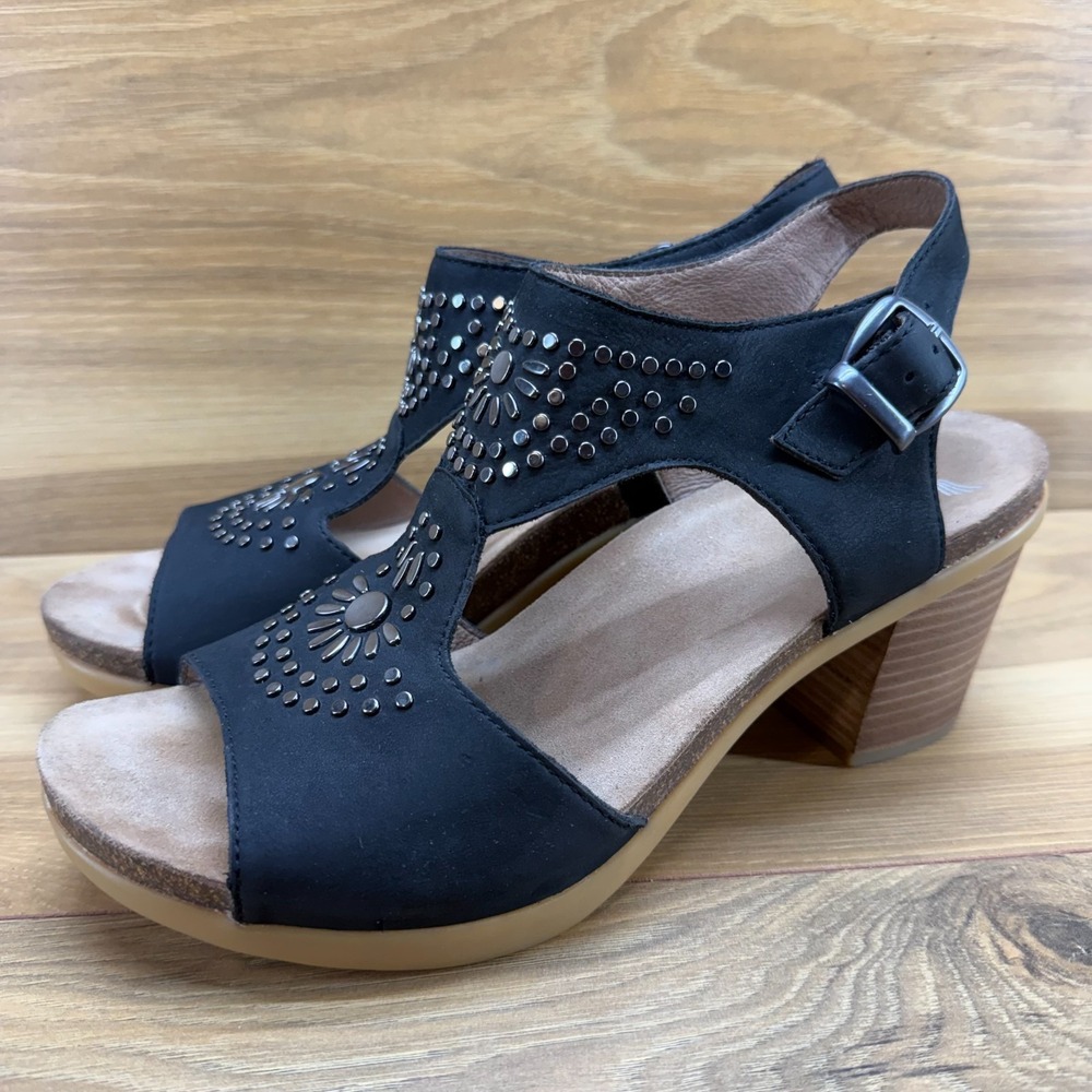 DANSKO Deandra Studded Sandals Womens 11 EU 41 Black Nubuck Leather Block Heel
